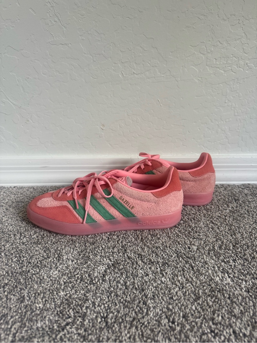 adidas Pink Suede Women's Gazelle Sneakers with Green Stripes